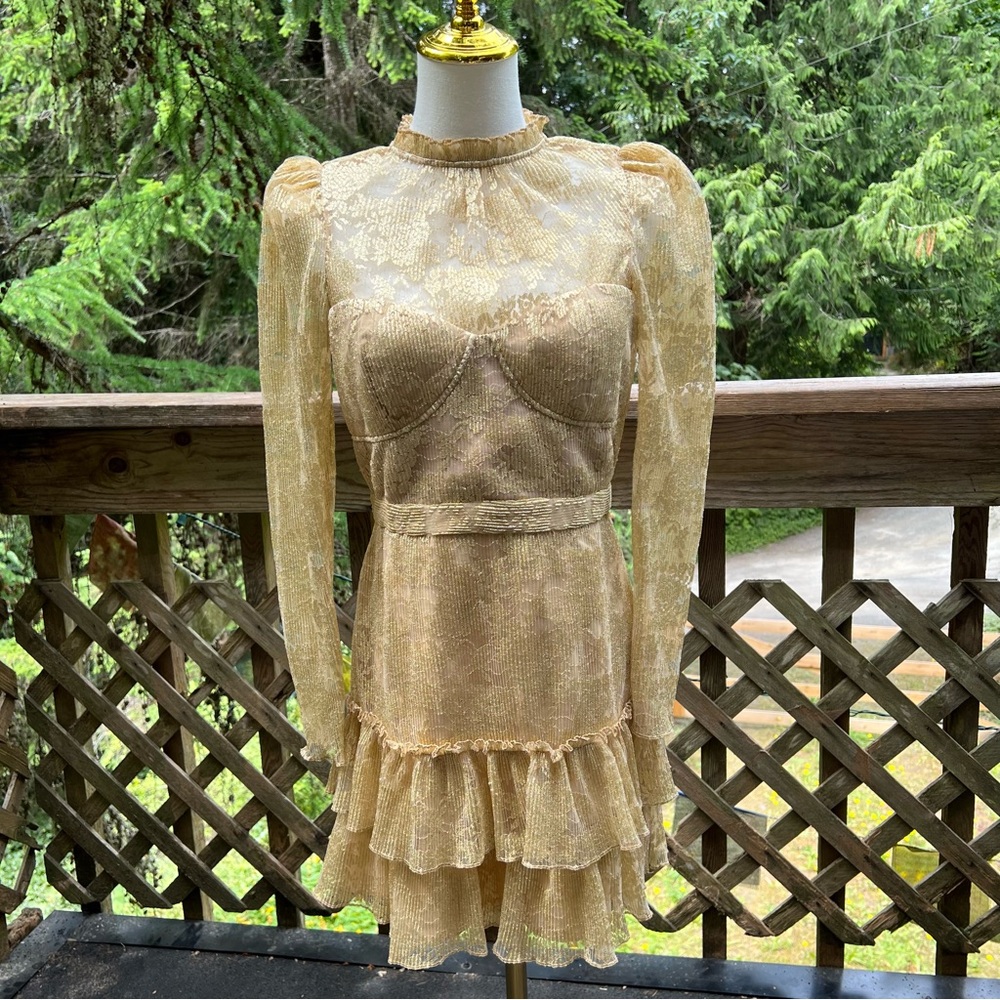 Saylor Dress Adria Gold Ruffled Lace Long Sleeve Mini  Medium Cocktail Formal EC - Picture 5 of 9